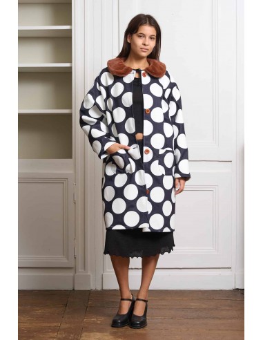 Denim and Waterproof Polka Dot Mid Coat with Brown Faux Fur Collar vous aussi creer 