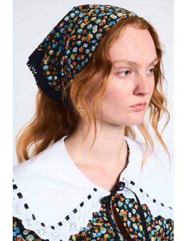 LA POUPETTE RUNWAY LOOK 11 - Black Multi-Floral cotton headscarf with Lace Embroidery Economisez 